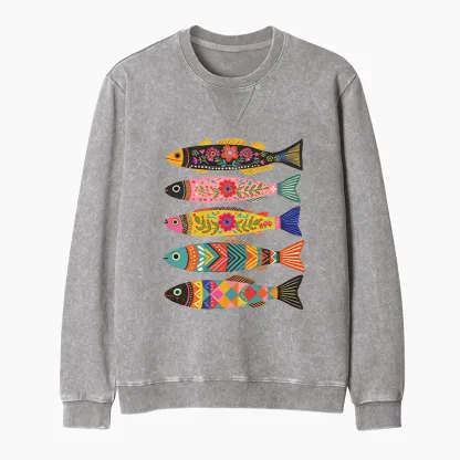 Tokyo-Tiger Colorful Patterned Fish Washed Terry Sweatshirt
