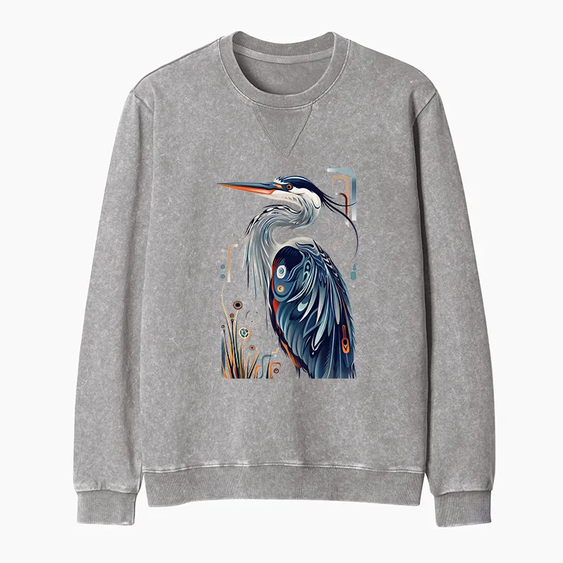 Tokyo-Tiger Stylish Blue Heron Washed Terry Sweatshirt