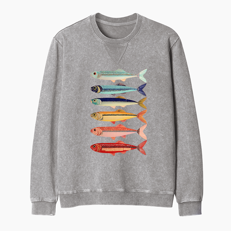 Tokyo-Tiger Colorful Fish Stack Washed Terry Sweatshirt