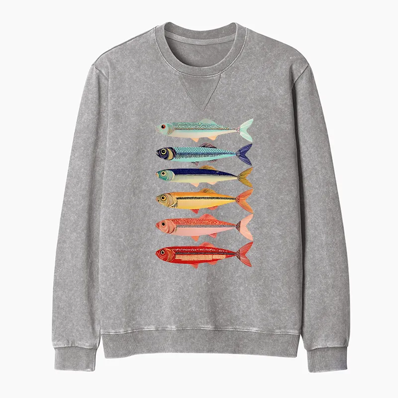 Tokyo-Tiger Colorful Fish Stack Washed Terry Sweatshirt