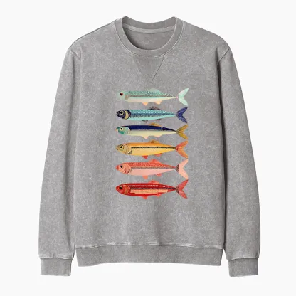 Tokyo-Tiger Colorful Fish Stack Washed Terry Sweatshirt