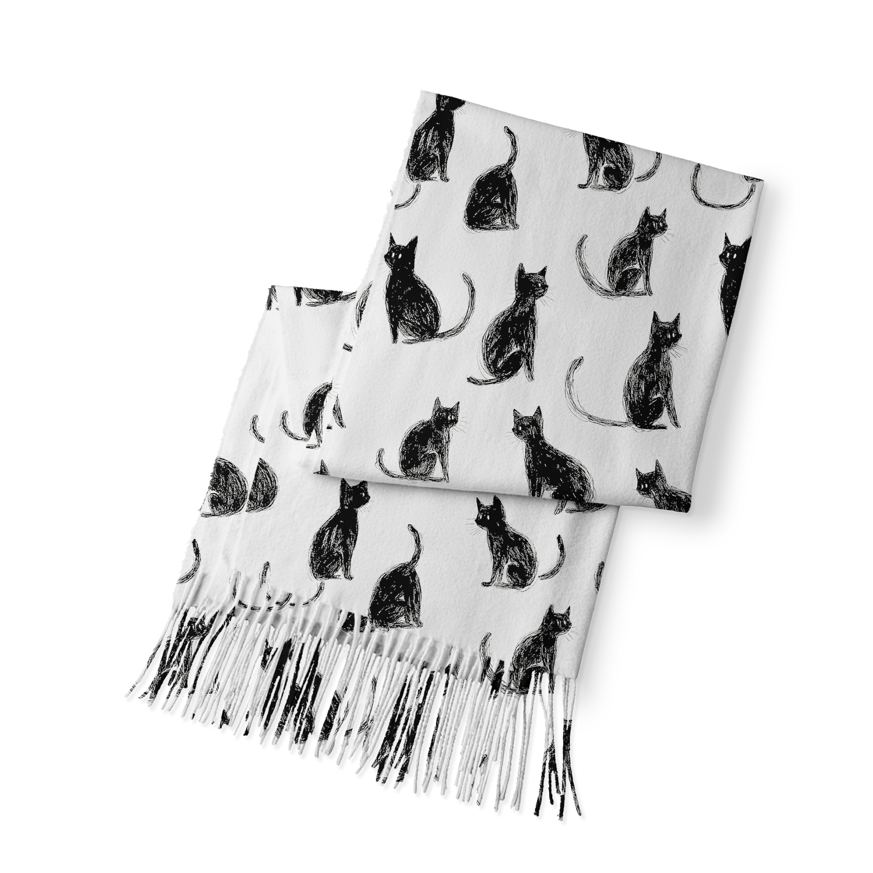 Tokyo-Tiger Black Cat White Fringed Scarf