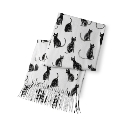 Tokyo-Tiger Black Cat White Fringed Scarf