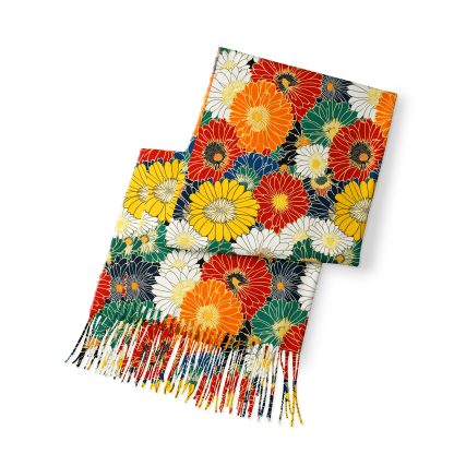 Tokyo-Tiger Colorful Chrysanthemums Fringed Scarf