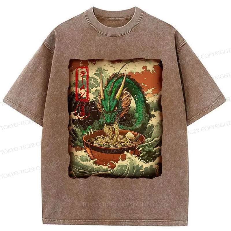 Tokyo-Tiger Ramen Lover Giant Dragon Washed T-Shirt