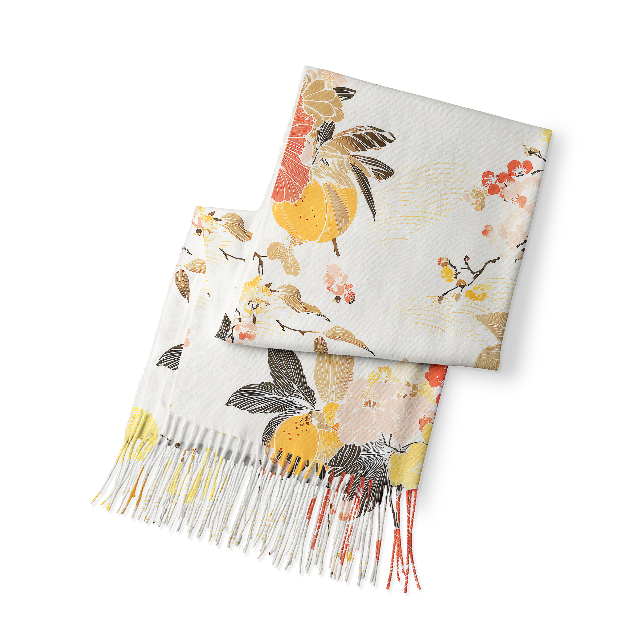 Tokyo-Tiger Vibrant Flowers And Fruits Fringed Scarf