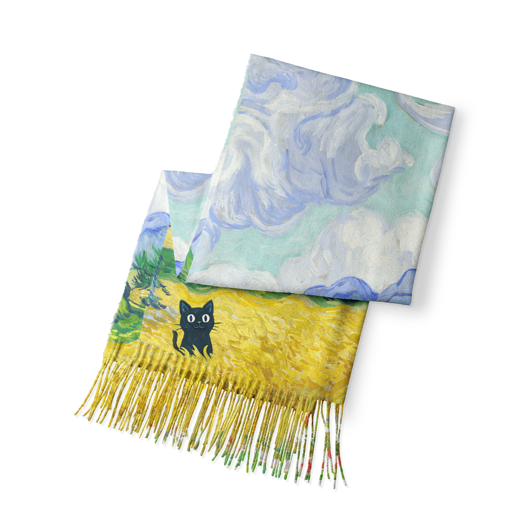 Tokyo-Tiger Black Cat In The Wheat Field Fringed Scarf