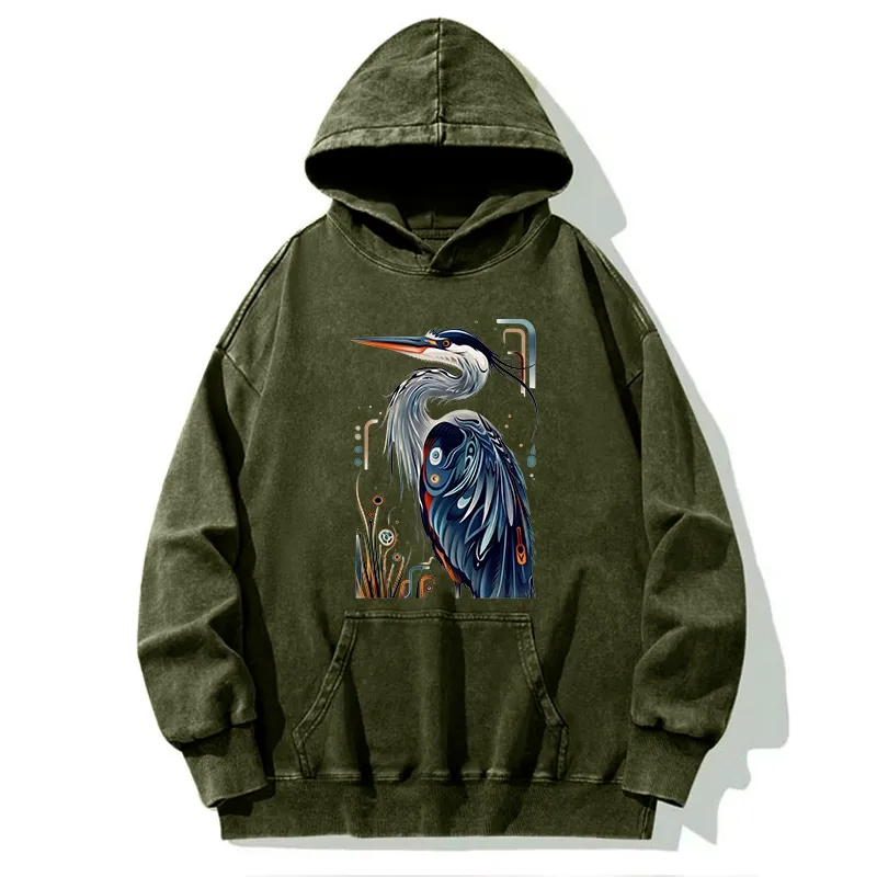 Tokyo-Tiger Stylish Blue Heron Washed Hoodie