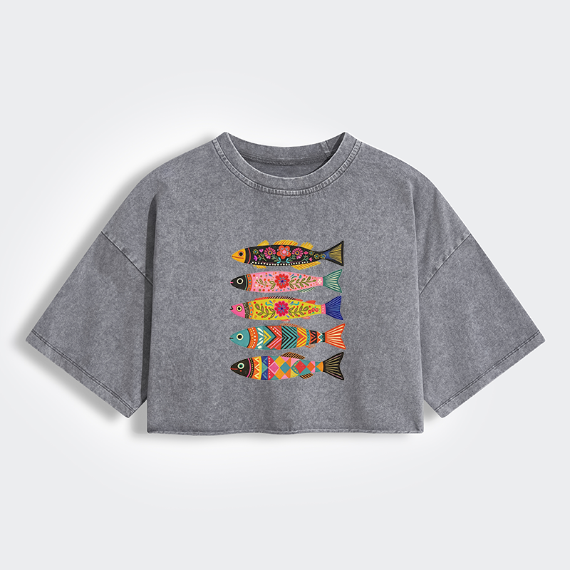 Tokyo-Tiger Colorful Patterned Fish Women's Washed Crop T-Shirt