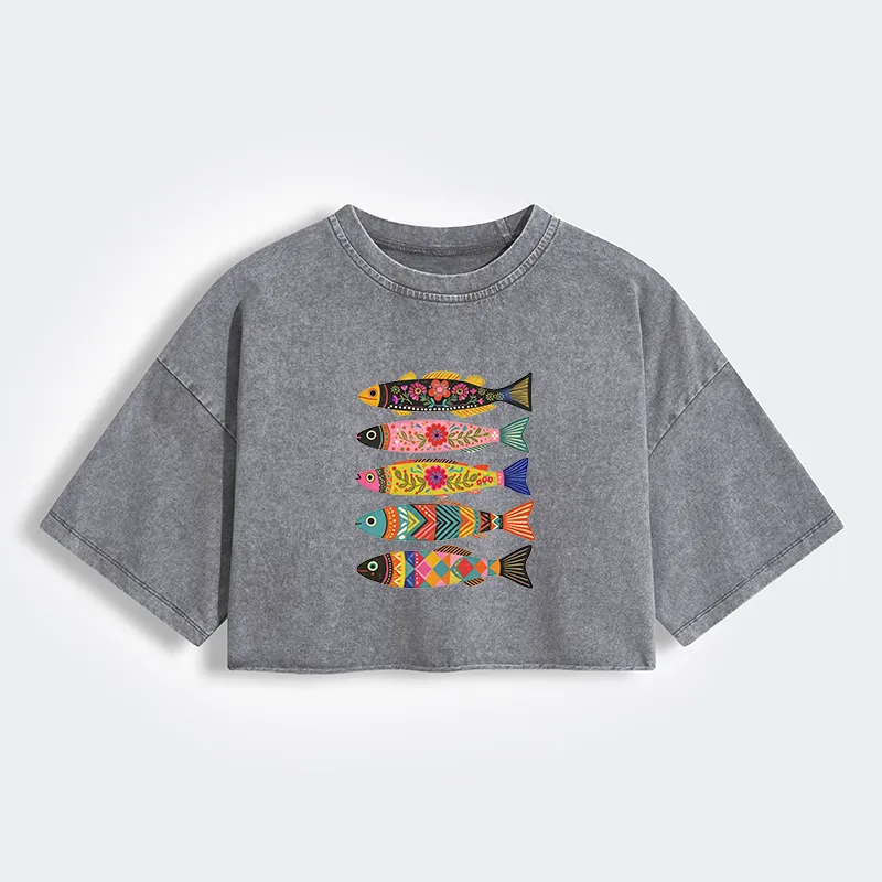 Tokyo-Tiger Colorful Patterned Fish Women's Washed Crop T-Shirt
