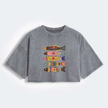 Tokyo-Tiger Colorful Patterned Fish Women's Washed Crop T-Shirt