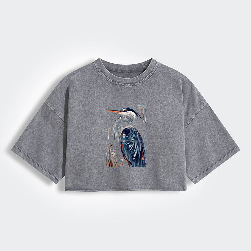 Tokyo-Tiger Stylish Blue Heron Women's Washed Crop T-Shirt