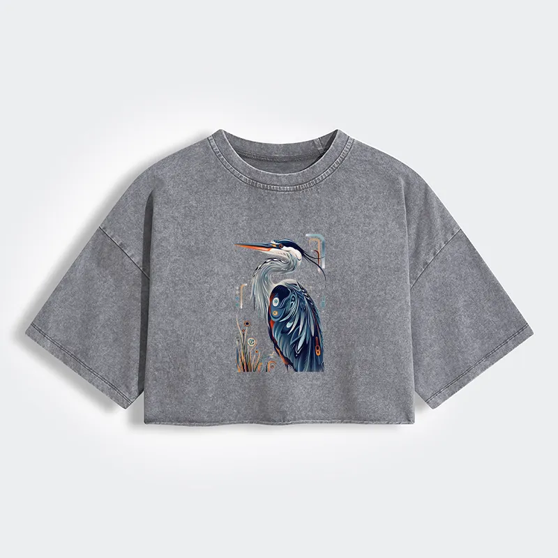 Tokyo-Tiger Stylish Blue Heron Women's Washed Crop T-Shirt