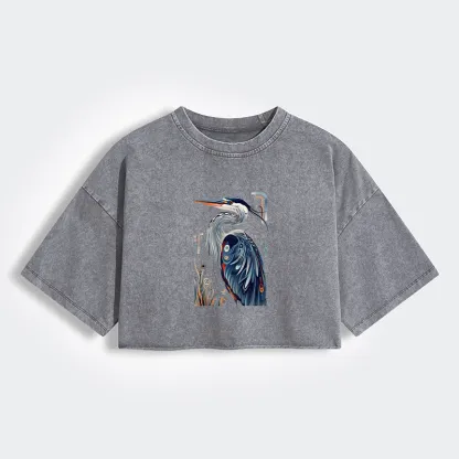 Tokyo-Tiger Stylish Blue Heron Women's Washed Crop T-Shirt