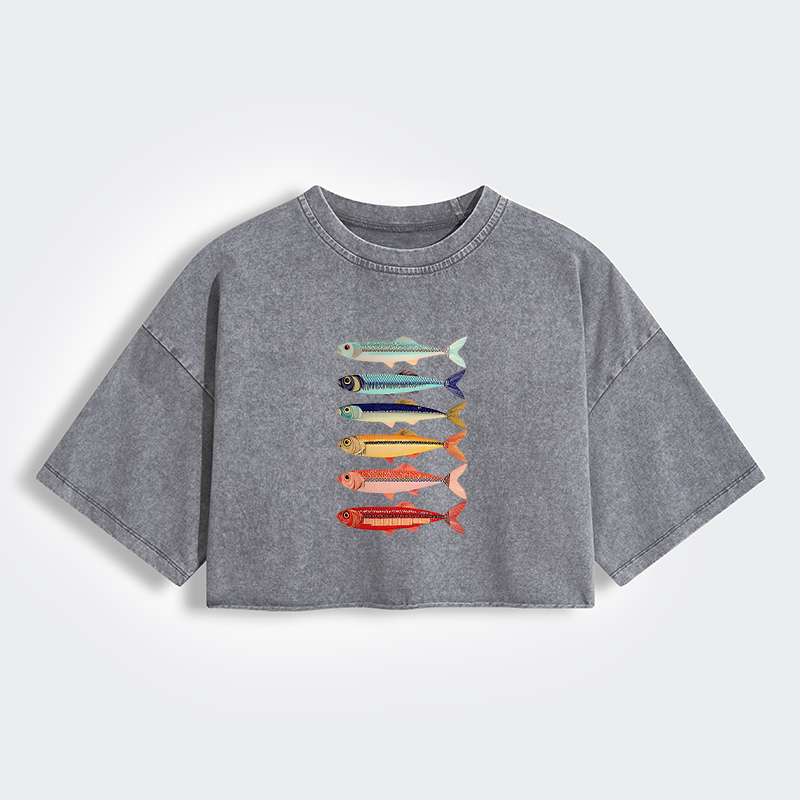 Tokyo-Tiger Colorful Fish Stack Women's Washed Crop T-Shirt