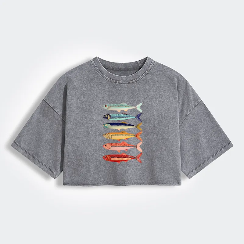 Tokyo-Tiger Colorful Fish Stack Women's Washed Crop T-Shirt