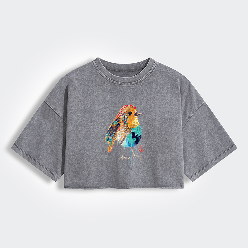Tokyo-Tiger Sparkly Wild Bird Women's Washed Crop T-Shirt