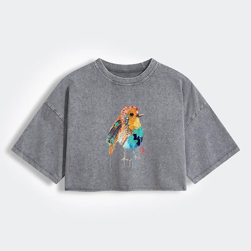 Tokyo-Tiger Sparkly Wild Bird Women's Washed Crop T-Shirt Sale