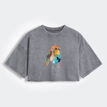Tokyo-Tiger Sparkly Wild Bird Women's Washed Crop T-Shirt
