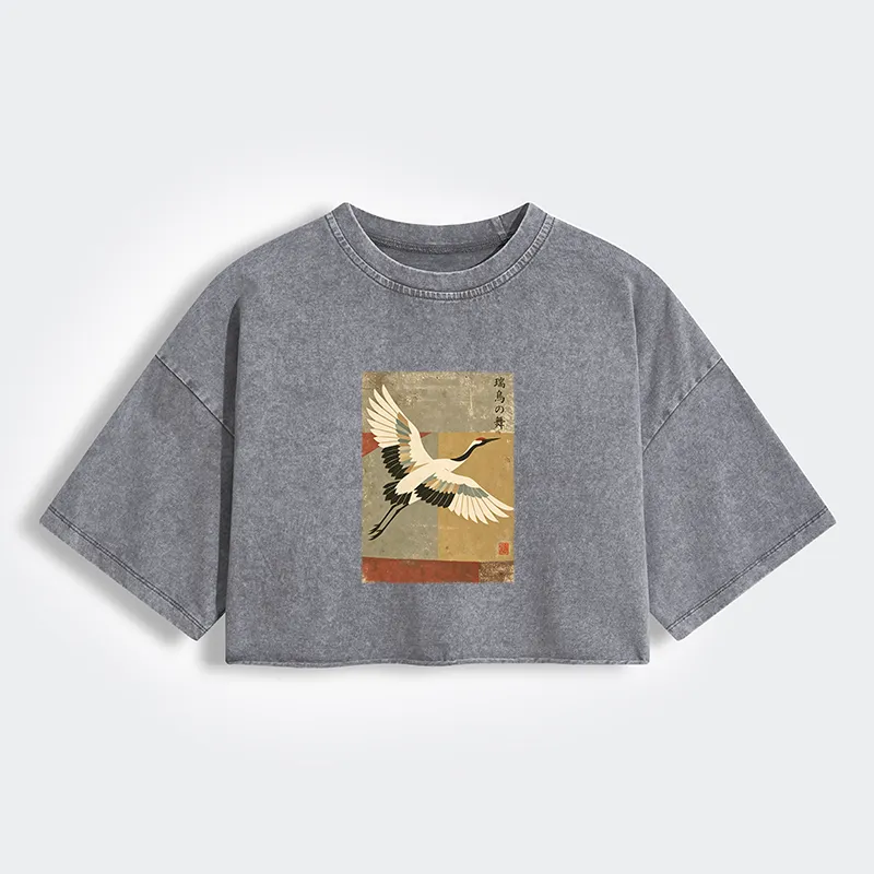Tokyo-Tiger Crane Spirit Women's Washed Crop T-Shirt