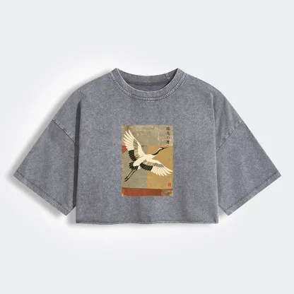 Tokyo-Tiger Crane Spirit Women's Washed Crop T-Shirt
