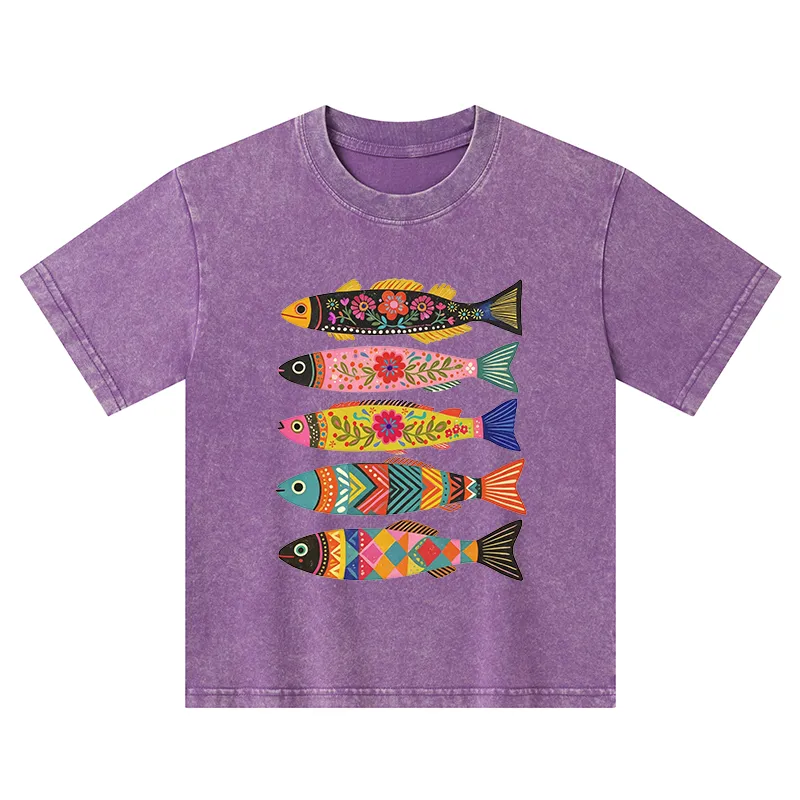 Tokyo-Tiger Colorful Patterned Fish Kids Washed T-Shirt
