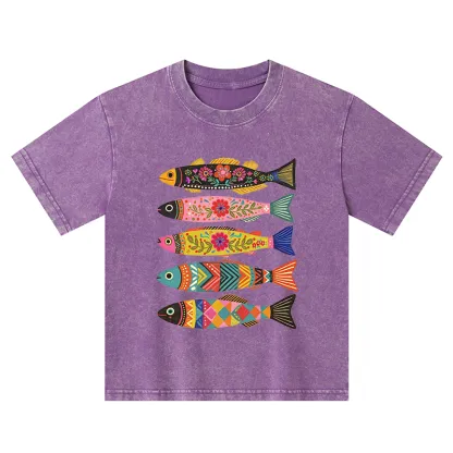 Tokyo-Tiger Colorful Patterned Fish Kids Washed T-Shirt