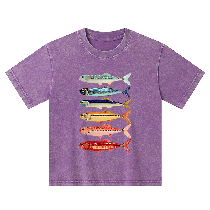 Tokyo-Tiger Colorful Fish Stack Kids Washed T-Shirt