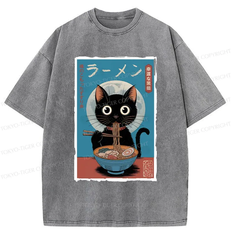Tokyo-Tiger Black Cat Eating Delicious Ramen Washed T-Shirt