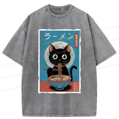 Tokyo-Tiger Black Cat Eating Delicious Ramen Washed T-Shirt