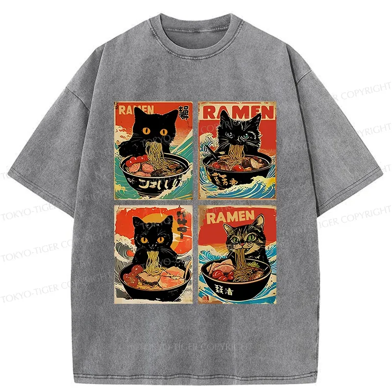 Tokyo-Tiger Four Cats Eating Ramen Washed T-Shirt