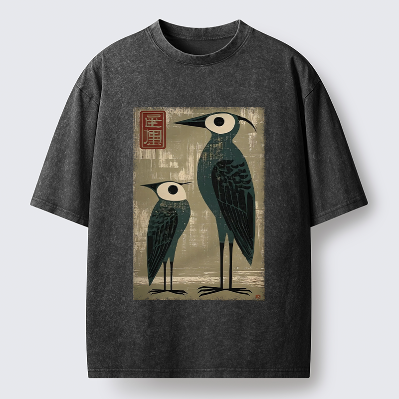 Tokyo-Tiger Retro Two Birds Art Washed T-Shirt