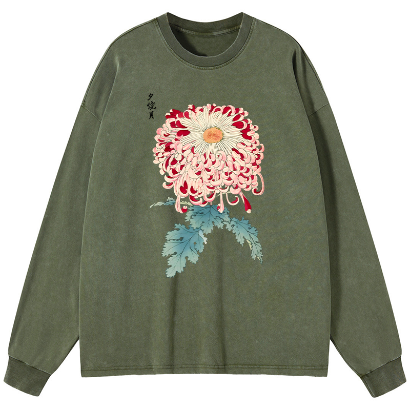 Tokyo-Tiger Vintage Chrysanthemum Art Washed Long Sleeve T-Shirt