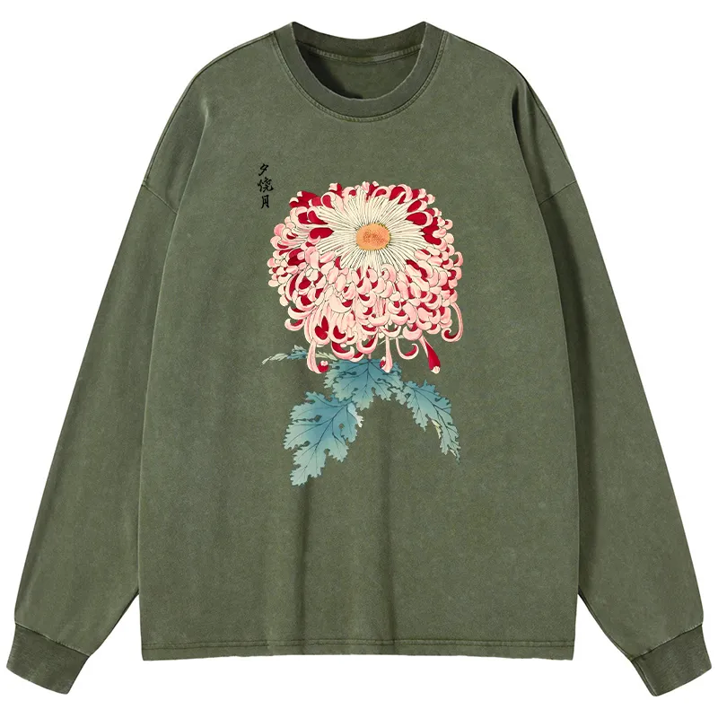 Tokyo-Tiger Vintage Chrysanthemum Art Washed Long Sleeve T-Shirt