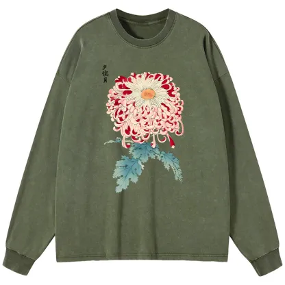 Tokyo-Tiger Vintage Chrysanthemum Art Washed Long Sleeve T-Shirt