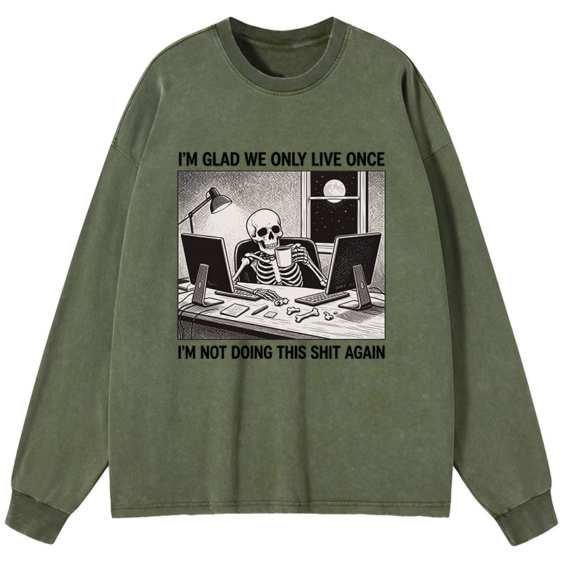 Tokyo-Tiger Funny Skeleton Coffee Break Meme Washed Long Sleeve T-Shirt