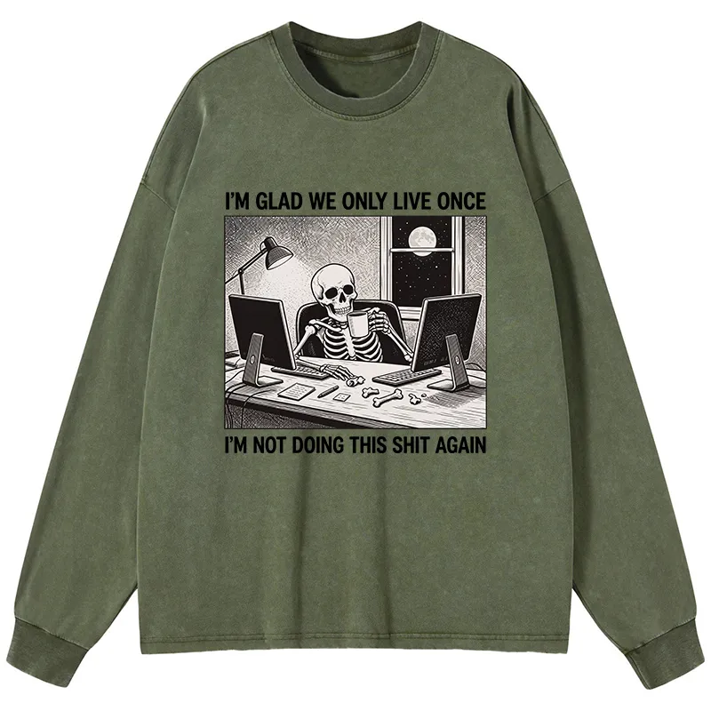 Tokyo-Tiger Funny Skeleton Coffee Break Meme Washed Long Sleeve T-Shirt