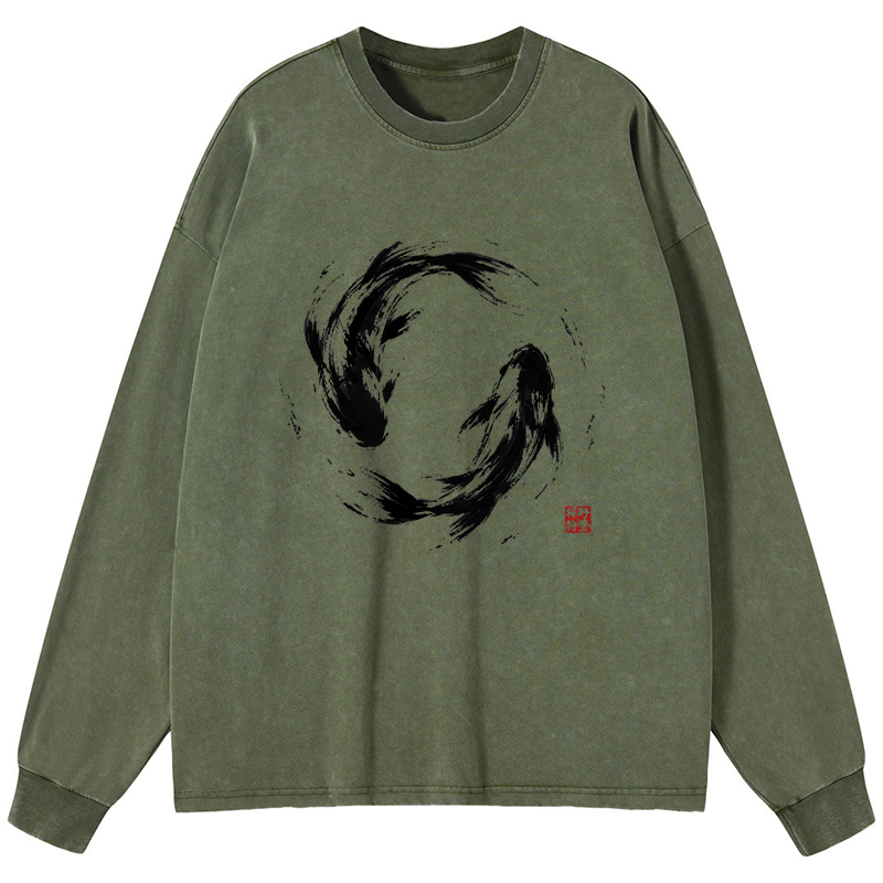 Tokyo-Tiger Ink Koi Fish Circle Washed Long Sleeve T-Shirt