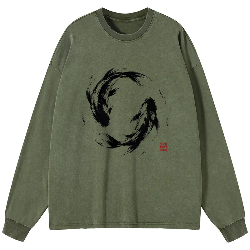 Tokyo-Tiger Ink Koi Fish Circle Washed Long Sleeve T-Shirt