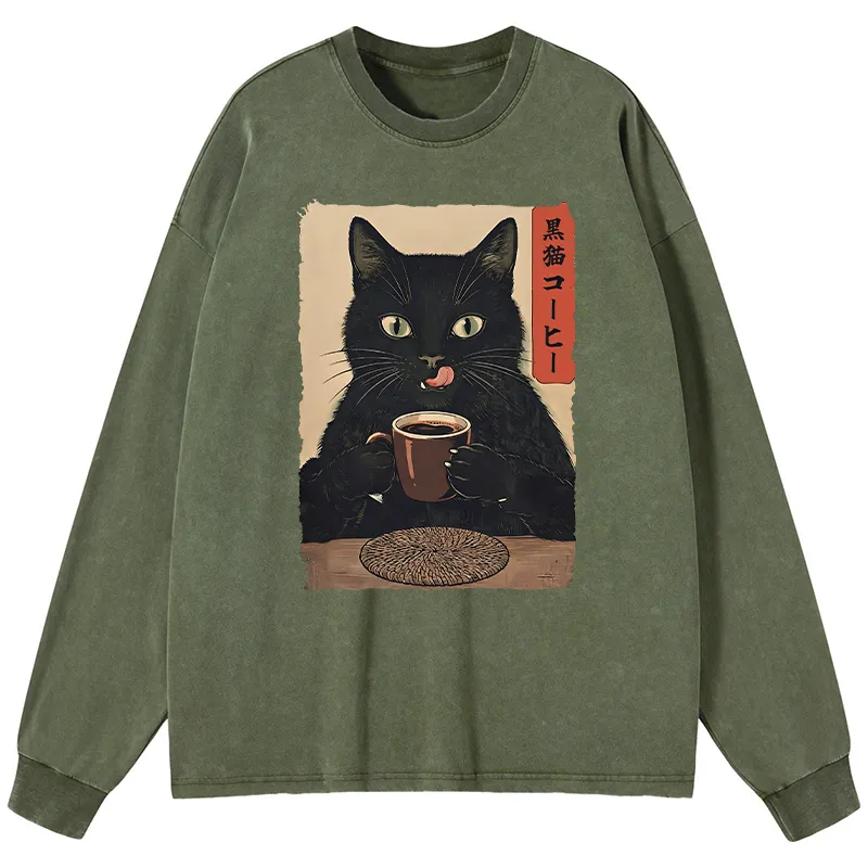 Tokyo-Tiger Vintage Black Cat Coffee Art Washed Long Sleeve T-Shirt