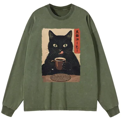 Tokyo-Tiger Vintage Black Cat Coffee Art Washed Long Sleeve T-Shirt