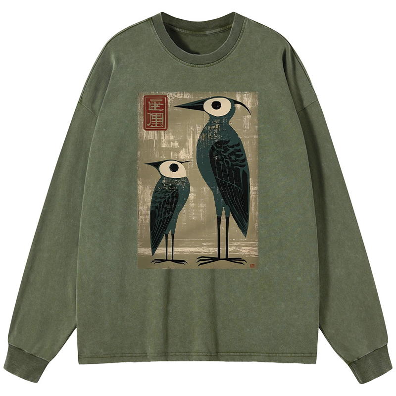 Tokyo-Tiger Retro Two Birds Art Washed Long Sleeve T-Shirt