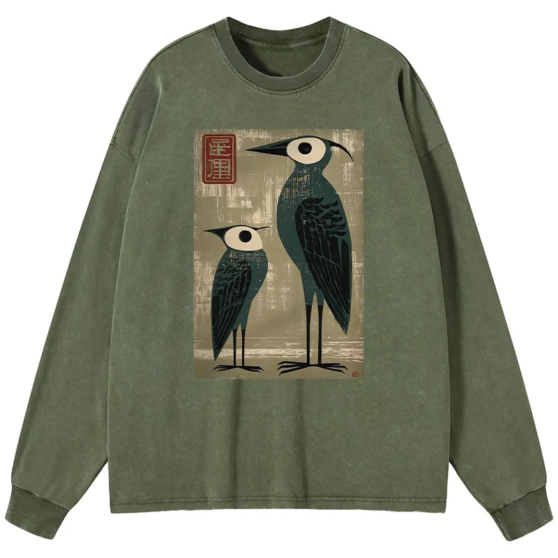 Tokyo-Tiger Retro Two Birds Art Washed Long Sleeve T-Shirt