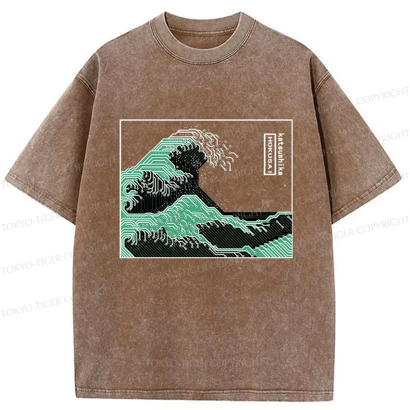 Tokyo-Tiger Wave Of Circuit Board Washed T-Shirt
