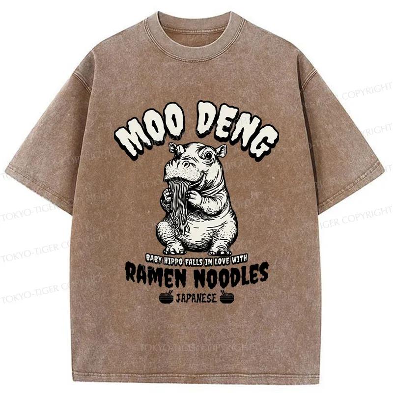 Tokyo-Tiger Moo Deng Eating Ramen Funny Washed T-Shirt