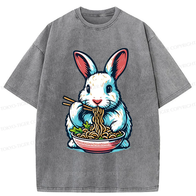 Tokyo-Tiger Easter Bunny Eating Ramen Washed T-Shirt