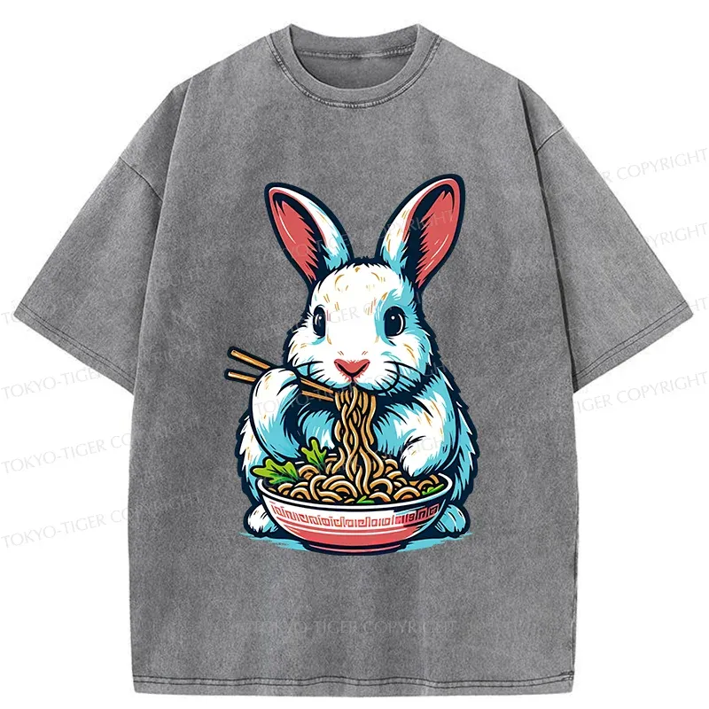 Tokyo-Tiger Easter Bunny Eating Ramen Washed T-Shirt