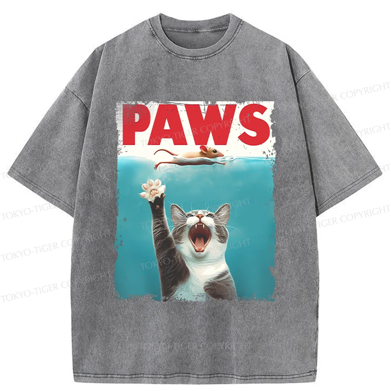 Tokyo-Tiger Paw Funny Cat Washed T-Shirt