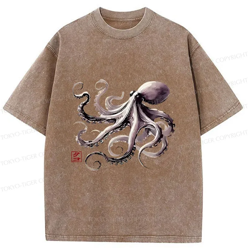 Tokyo-Tiger Retro Japanese Octopus Washed T-Shirt