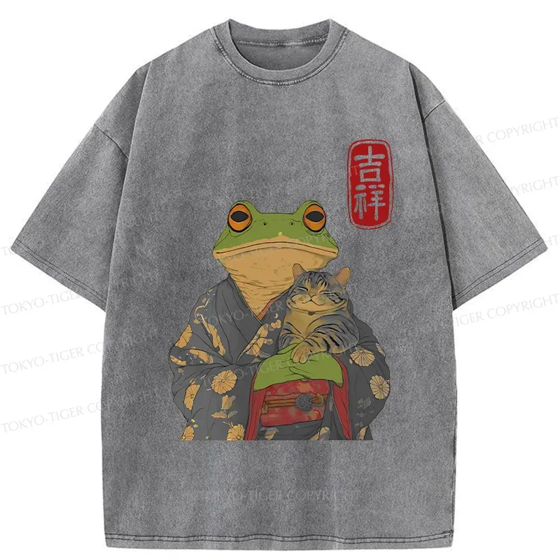 Tokyo-Tiger Frog Hugging Cat Washed T-Shirt